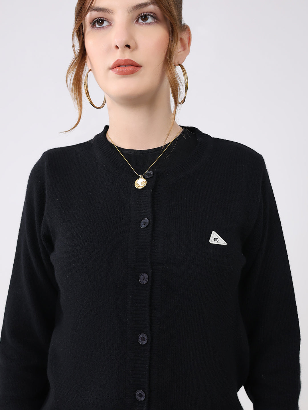 Women Black Solid Round Neck Full Sleeve Cardigan