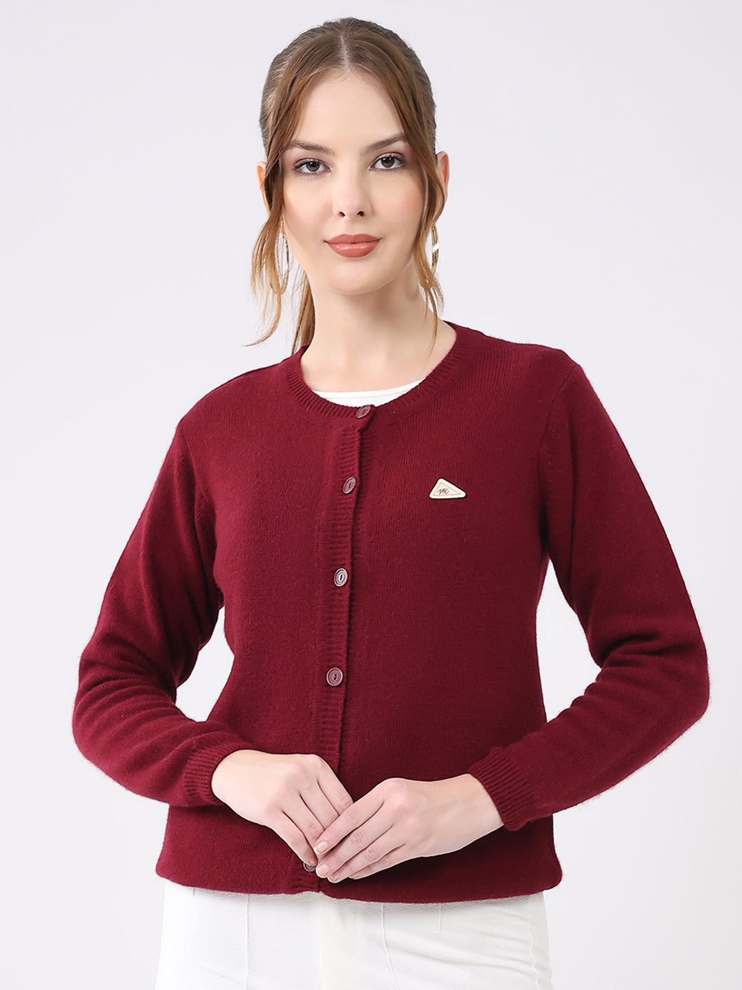 Women Maroon Solid Round Neck Full Sleeve Cardigan