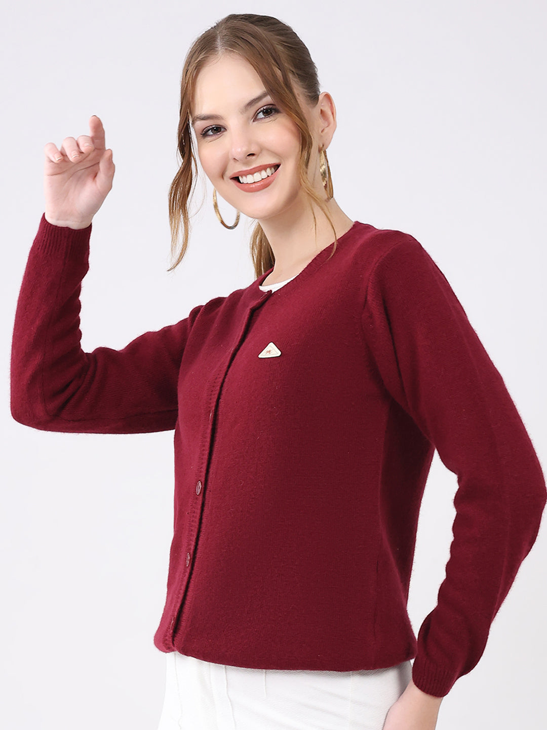 Women Maroon Solid Round Neck Full Sleeve Cardigan