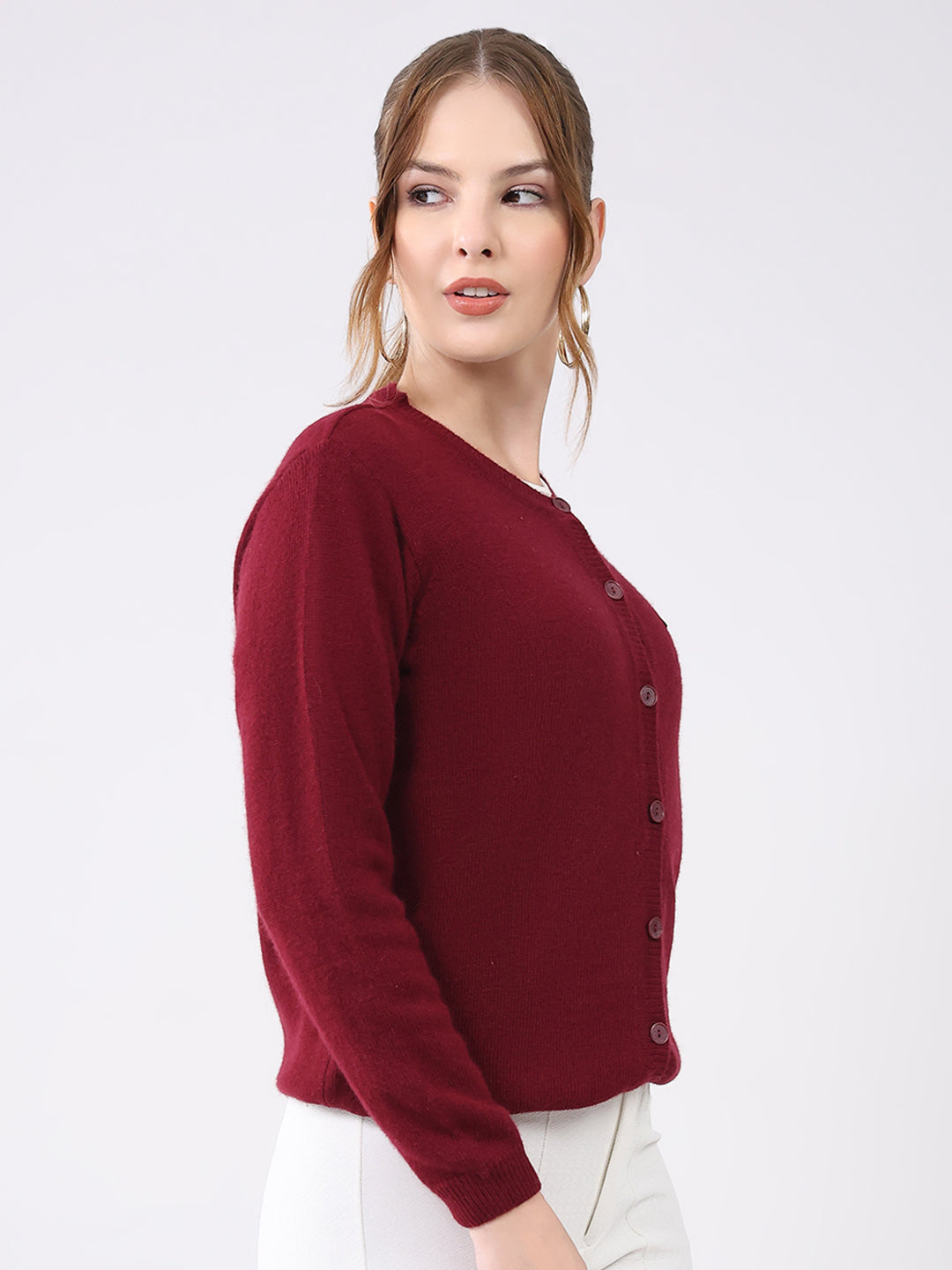 Women Maroon Solid Round Neck Full Sleeve Cardigan