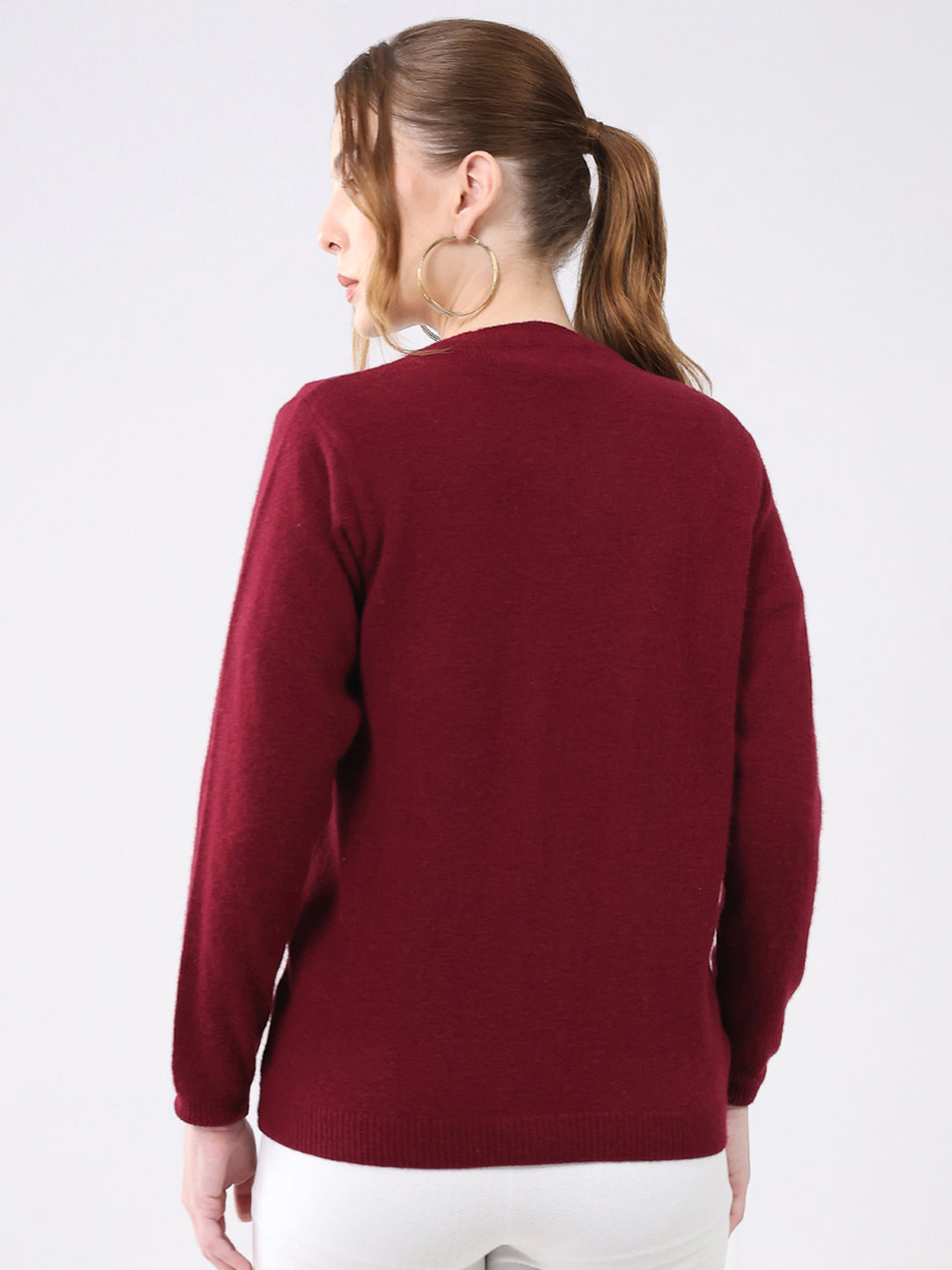 Women Maroon Solid Round Neck Full Sleeve Cardigan