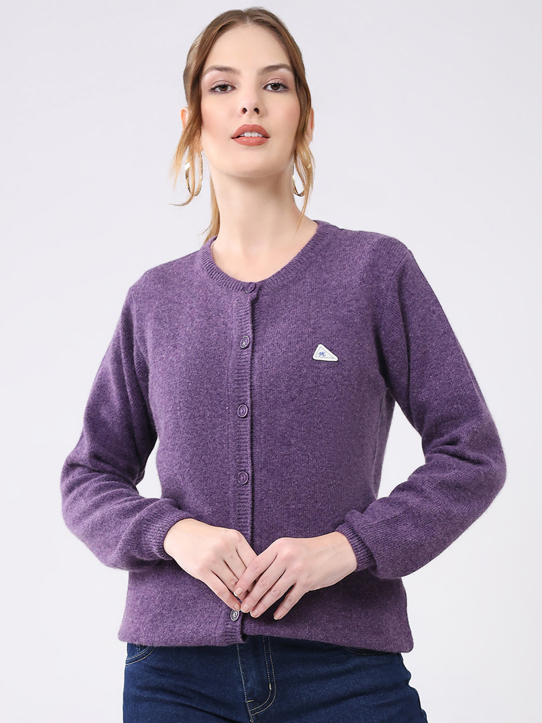 Women Purple Solid Round Neck Full Sleeve Cardigan