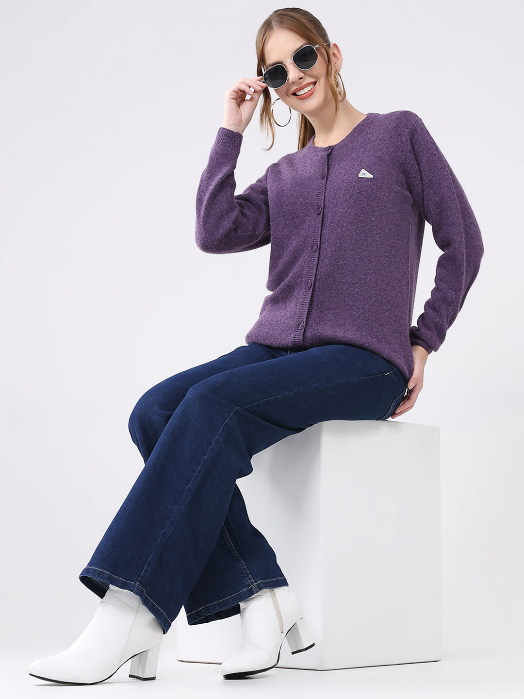 Women Purple Solid Round Neck Full Sleeve Cardigan