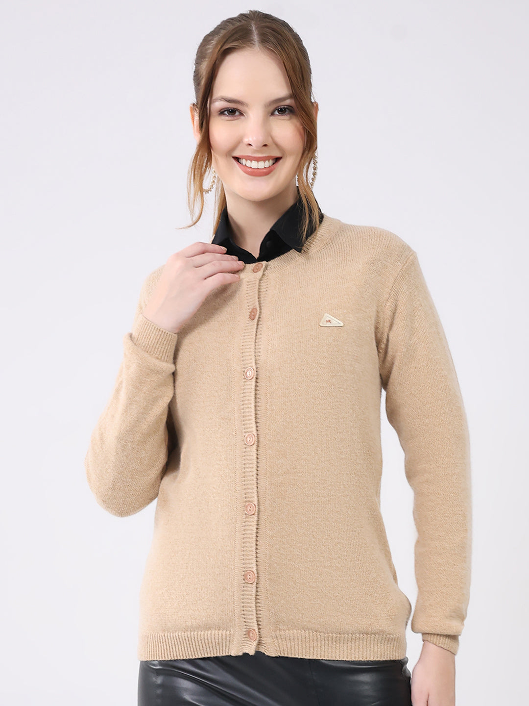 Women Beige Solid Round Neck Full Sleeve Cardigan