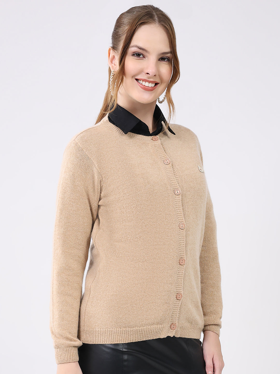 Women Beige Solid Round Neck Full Sleeve Cardigan