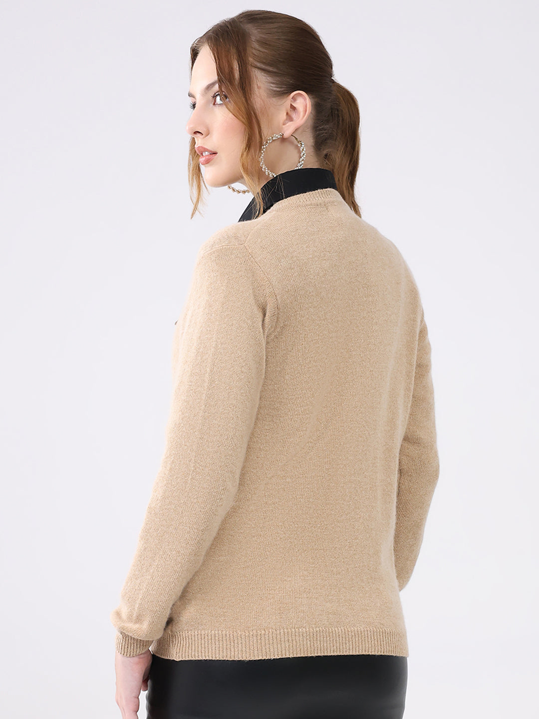 Women Beige Solid Round Neck Full Sleeve Cardigan