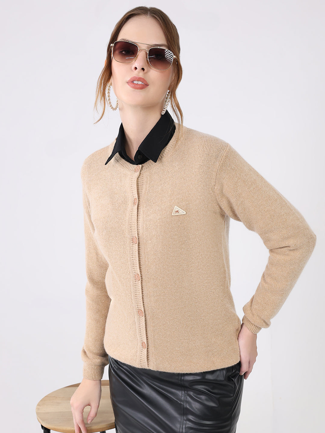 Women Beige Solid Round Neck Full Sleeve Cardigan