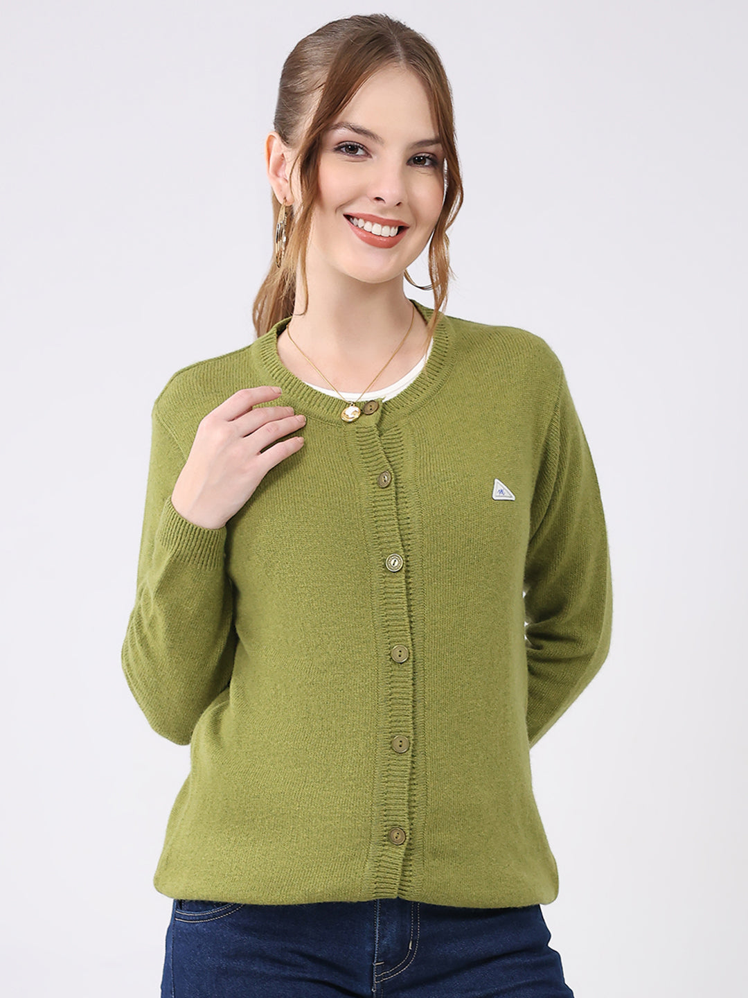 Women Green Solid Round Neck Full Sleeve Cardigan