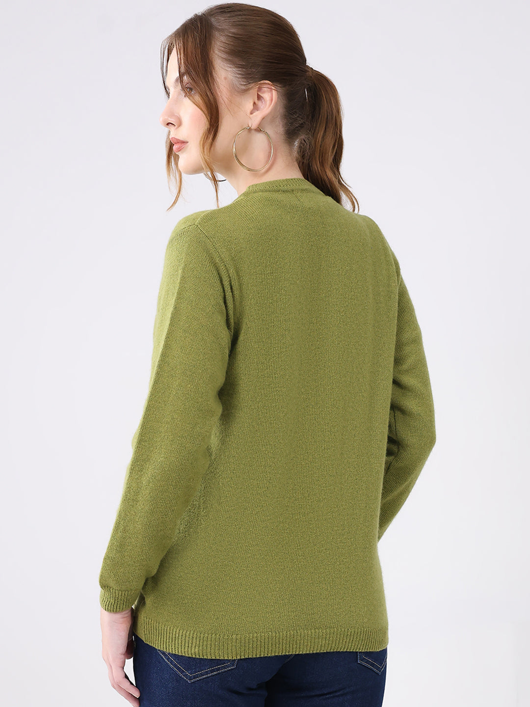 Women Green Solid Round Neck Full Sleeve Cardigan