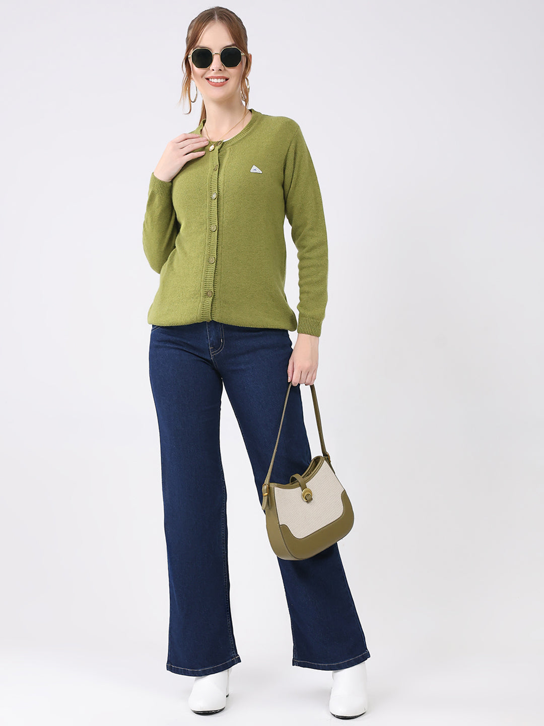 Women Green Solid Round Neck Full Sleeve Cardigan