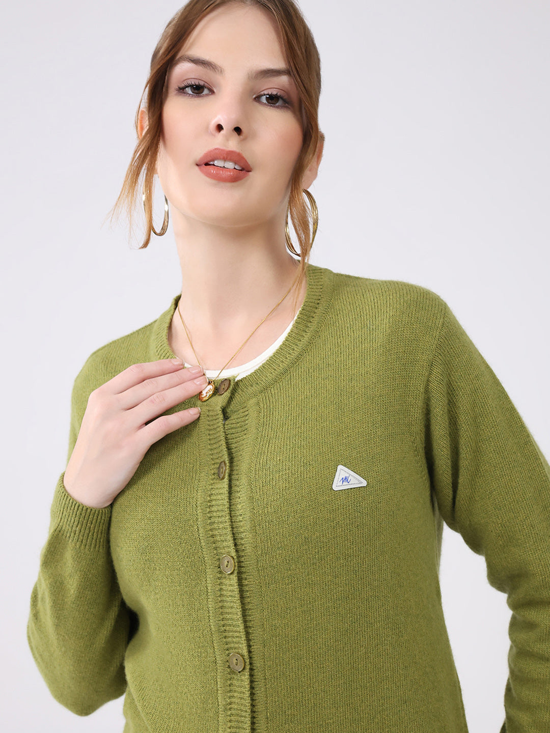 Women Green Solid Round Neck Full Sleeve Cardigan