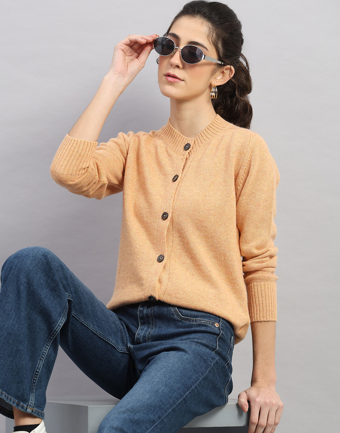 Women Orange Solid Round Neck Full Sleeve Cardigan