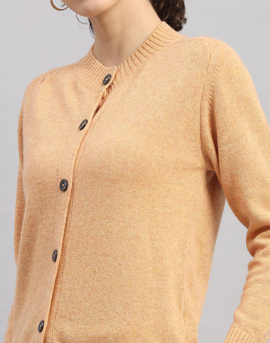 Women Orange Solid Round Neck Full Sleeve Cardigan