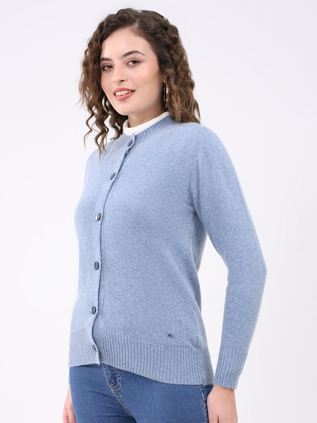 Women Blue Solid Round Neck Full Sleeve Cardigan