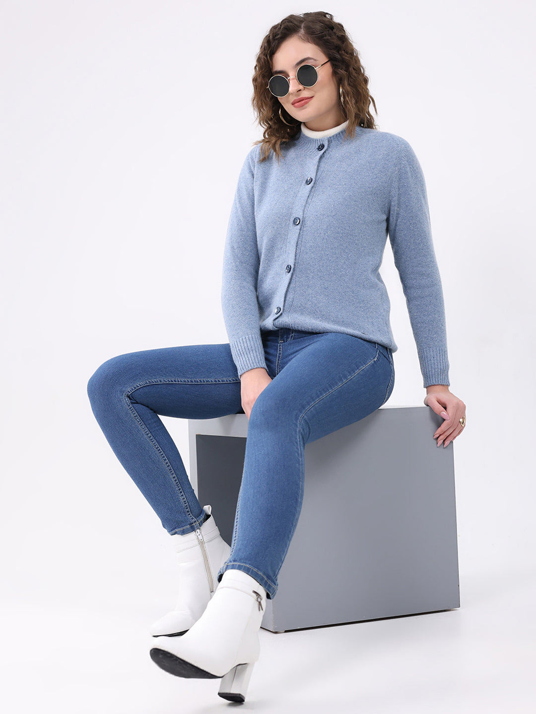 Women Blue Solid Round Neck Full Sleeve Cardigan