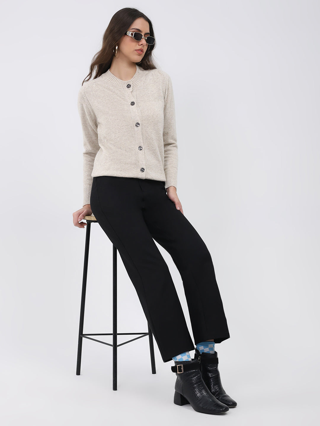 Women Cream Solid Round Neck Full Sleeve Cardigan