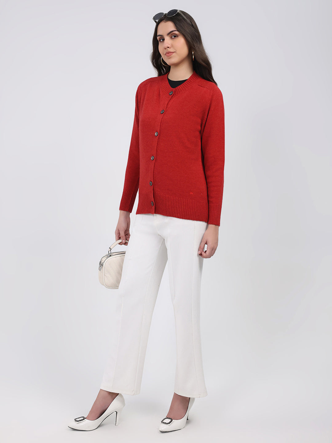 Women Maroon Solid Round Neck Full Sleeve Cardigan