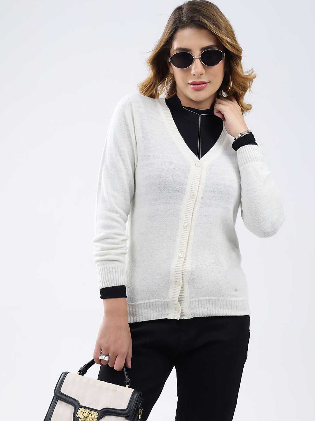 Women White Solid V Neck Full Sleeve Cardigan
