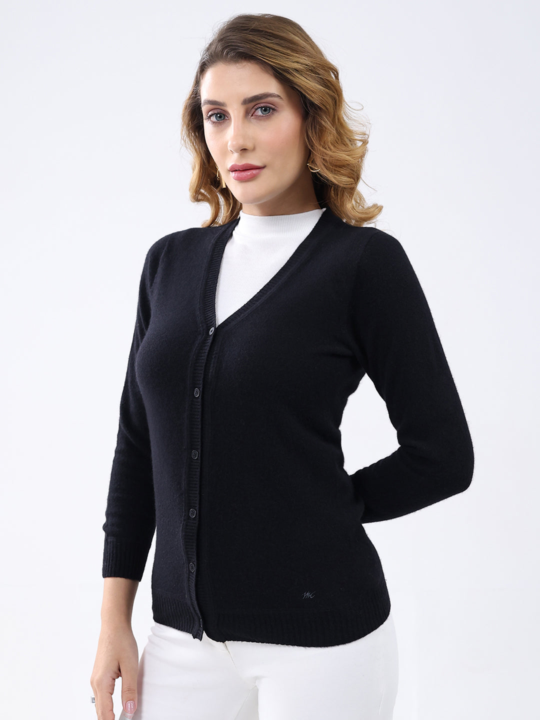 Women Black Solid V Neck Full Sleeve Cardigan
