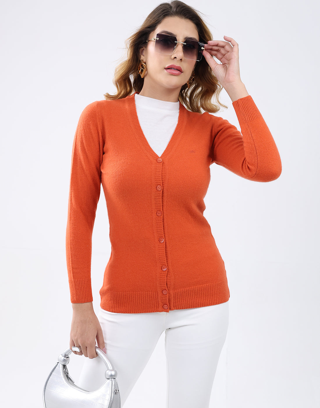 Women Orange Solid V Neck Full Sleeve Cardigan