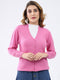 Women Pink Solid V Neck Full Sleeve Cardigan