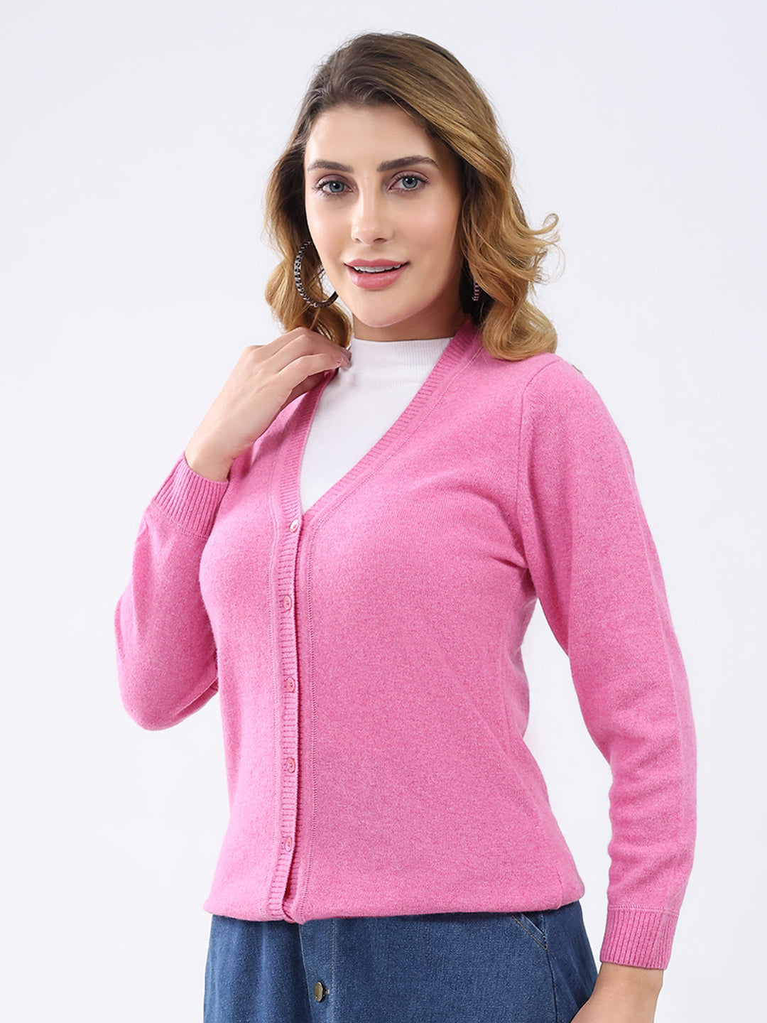 Women Pink Solid V Neck Full Sleeve Cardigan