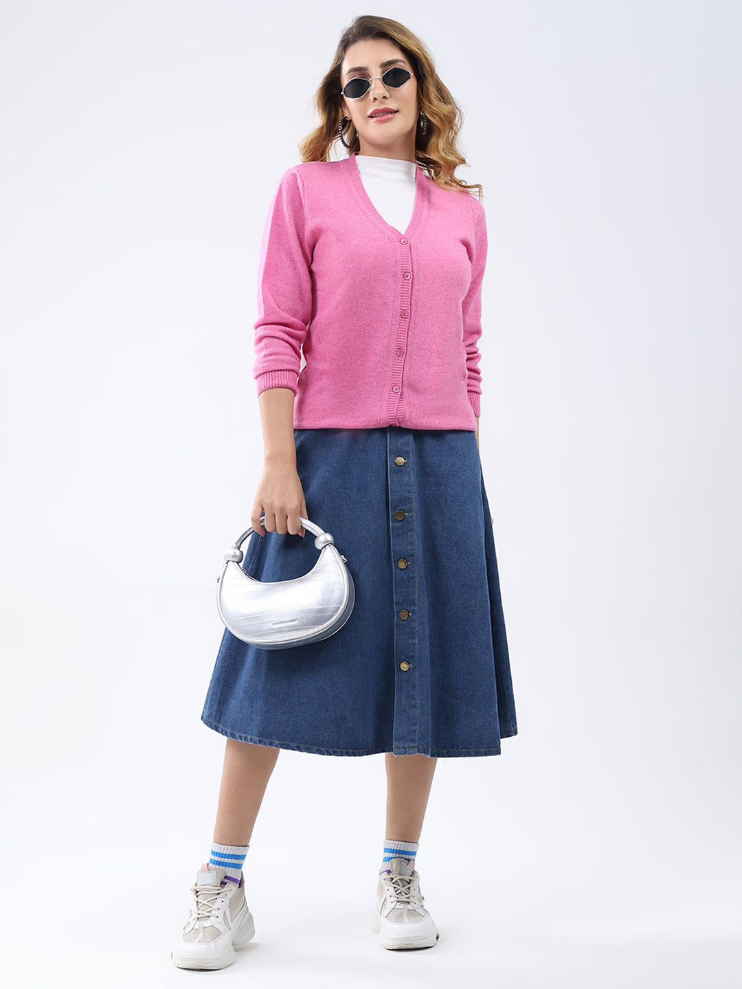 Women Pink Solid V Neck Full Sleeve Cardigan