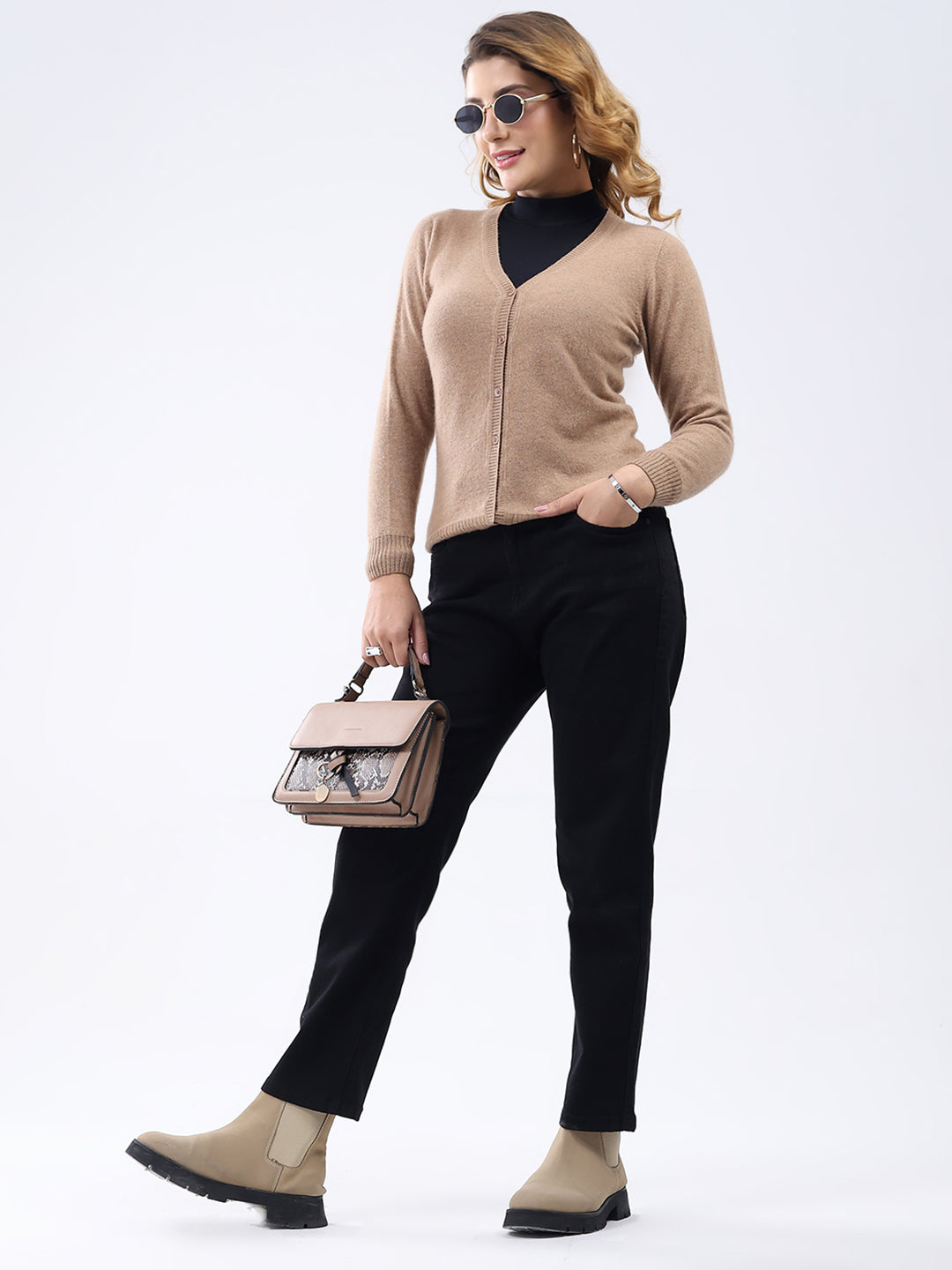 Women Khaki Solid V Neck Full Sleeve Cardigan