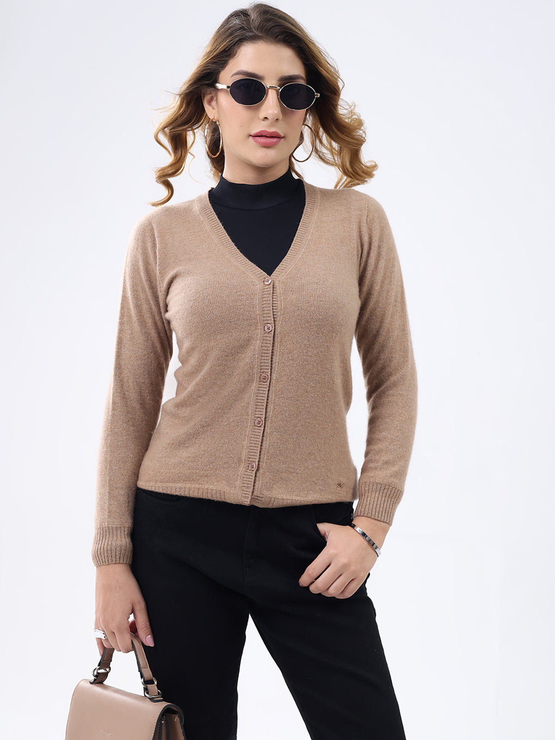 Women Khaki Solid V Neck Full Sleeve Cardigan