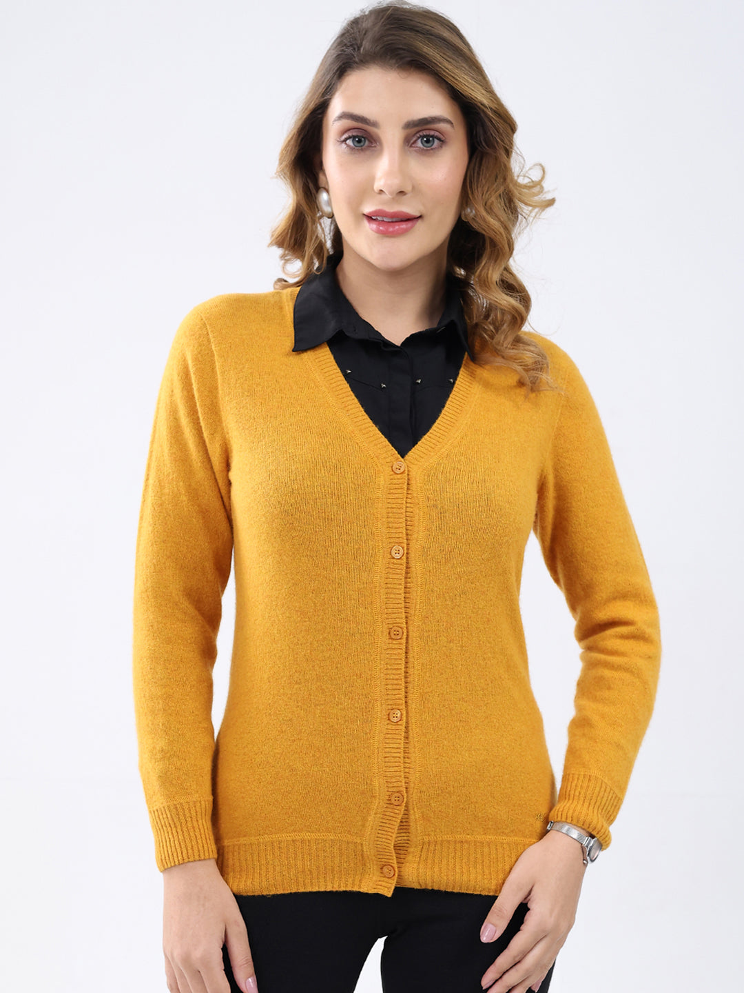 Women Mustard Solid V Neck Full Sleeve Cardigan