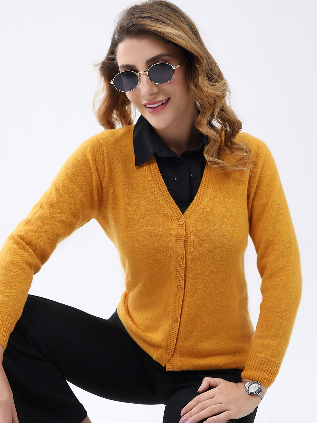 Women Mustard Solid V Neck Full Sleeve Cardigan