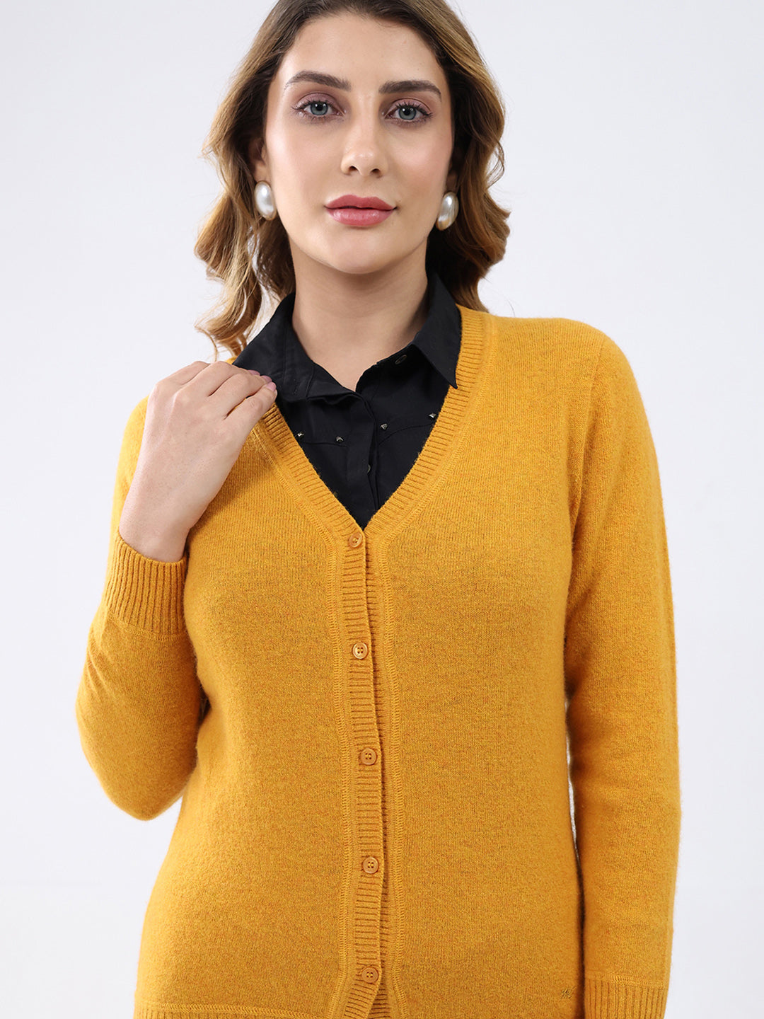 Women Mustard Solid V Neck Full Sleeve Cardigan