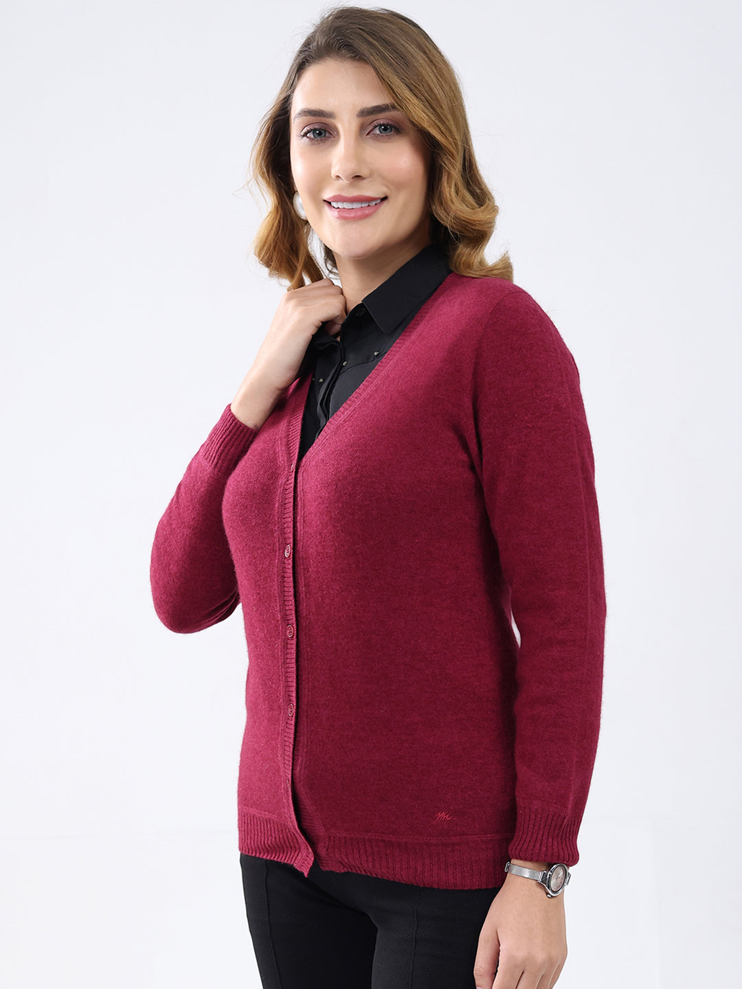Women Maroon Solid V Neck Full Sleeve Cardigan
