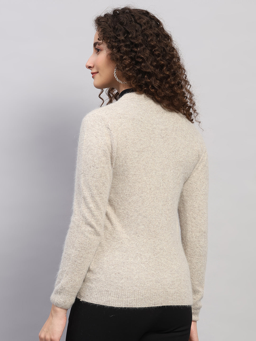 Women Beige Solid Round Neck Full Sleeve Cardigan