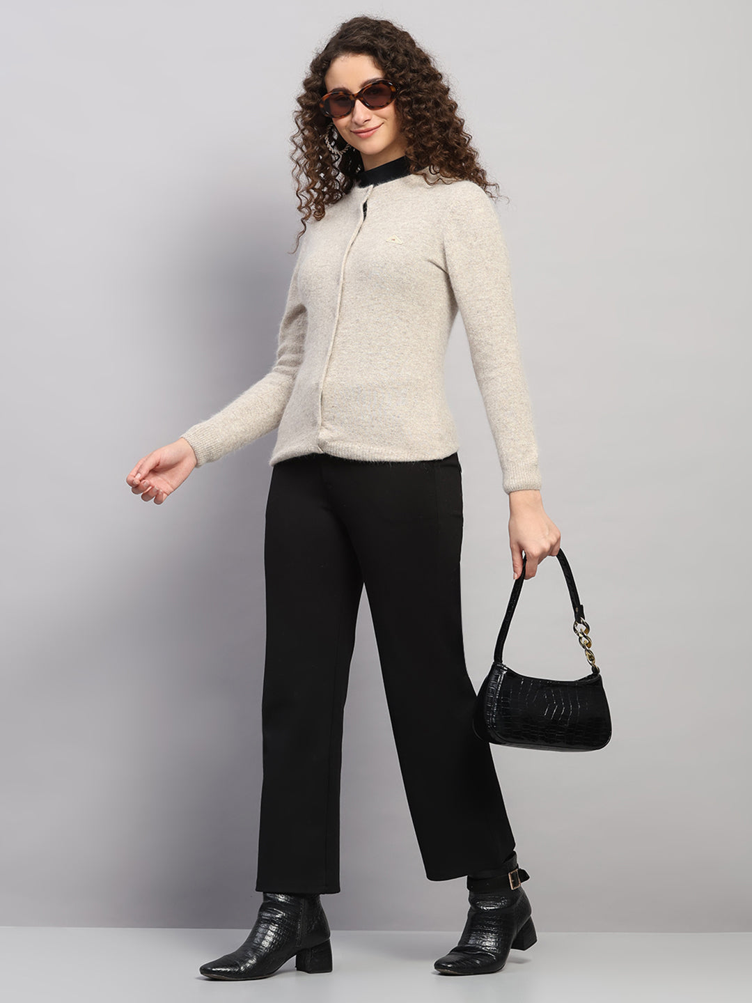 Women Beige Solid Round Neck Full Sleeve Cardigan