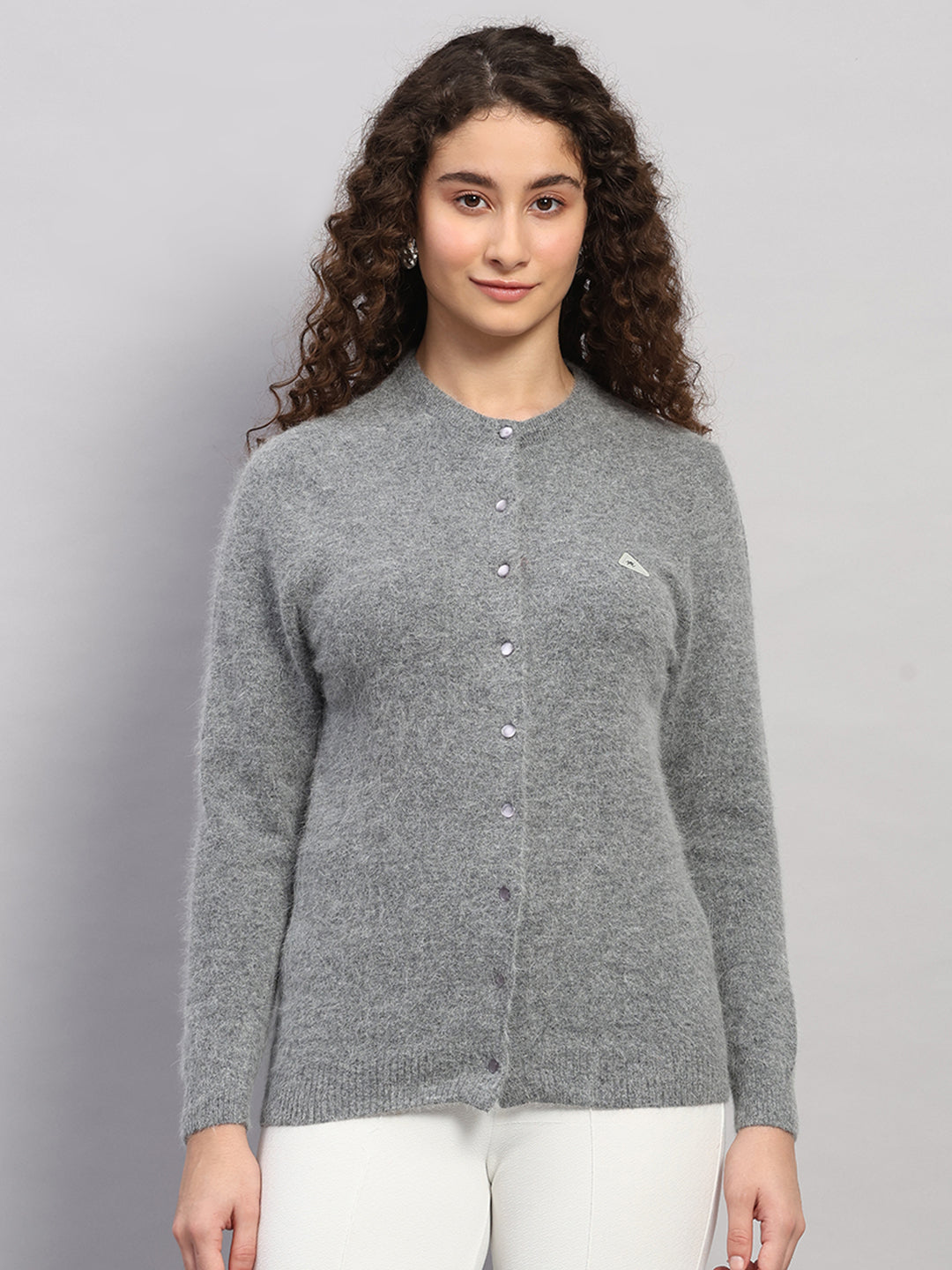 Women Grey Solid Round Neck Full Sleeve Cardigan