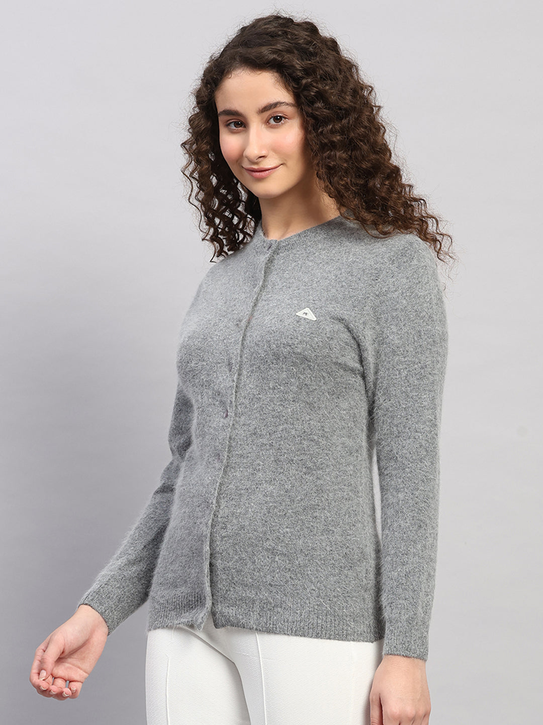 Women Grey Solid Round Neck Full Sleeve Cardigan