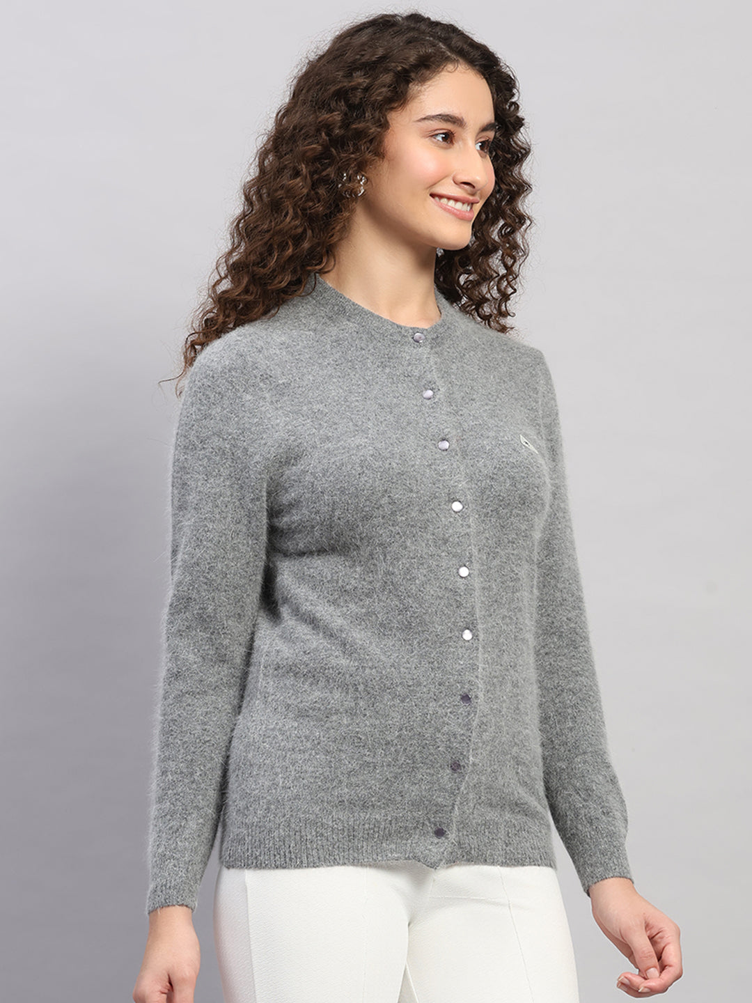Women Grey Solid Round Neck Full Sleeve Cardigan
