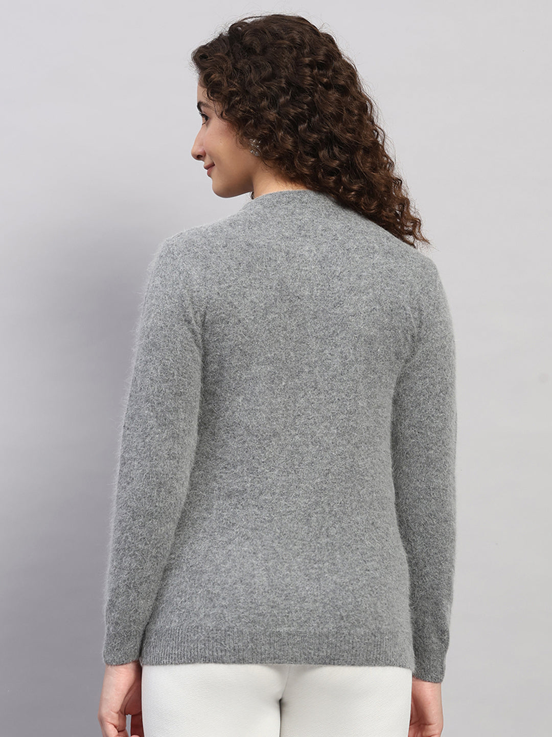 Women Grey Solid Round Neck Full Sleeve Cardigan