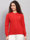 Women Red Solid Round Neck Full Sleeve Cardigan