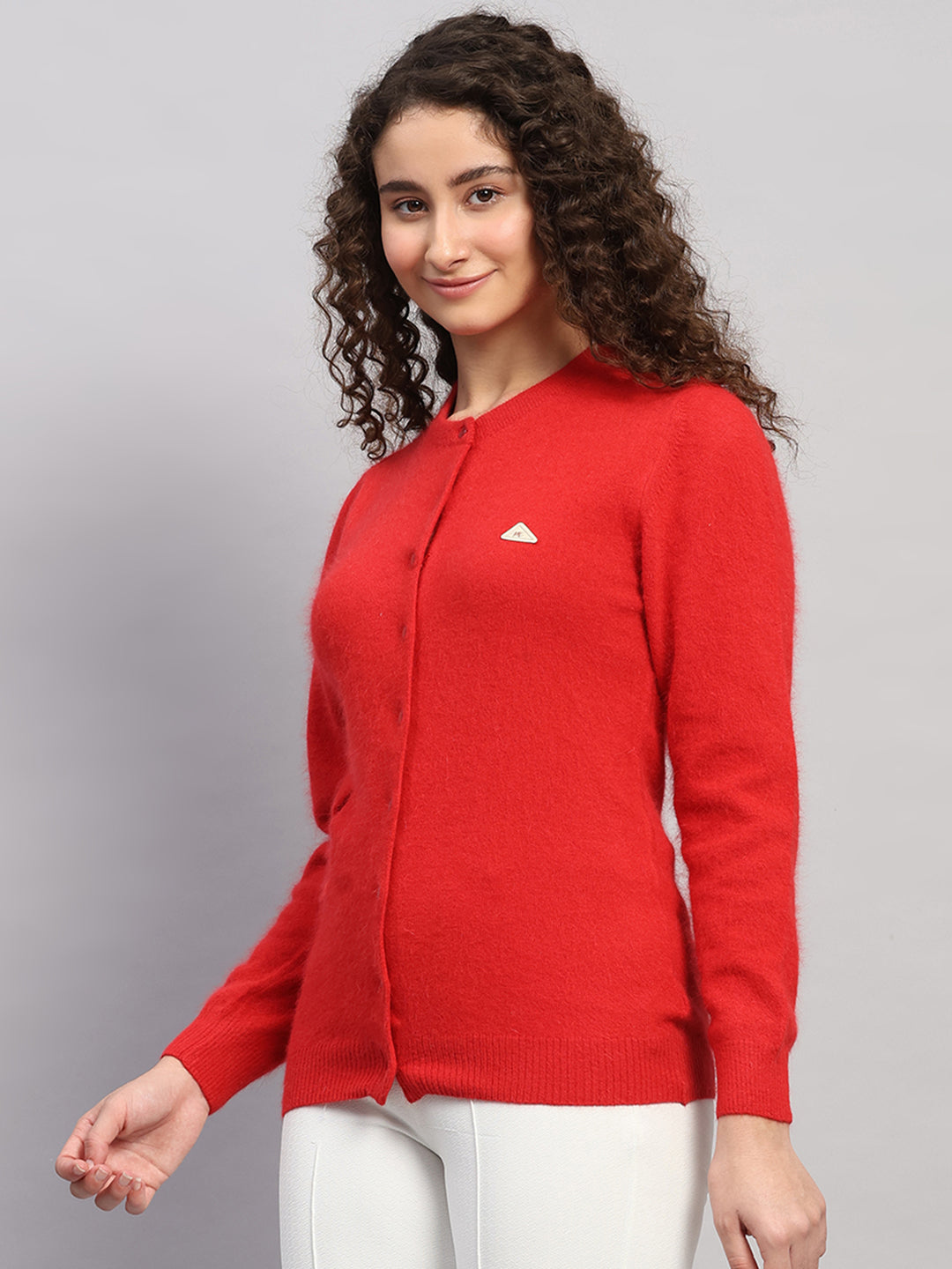 Women Red Solid Round Neck Full Sleeve Cardigan