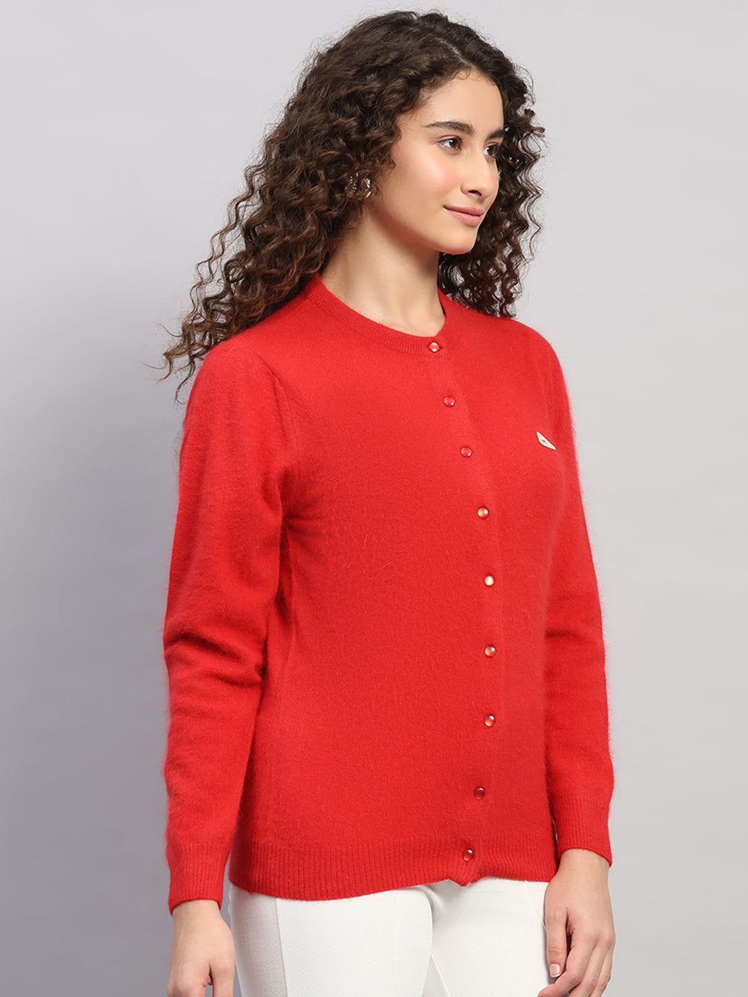 Women Red Solid Round Neck Full Sleeve Cardigan