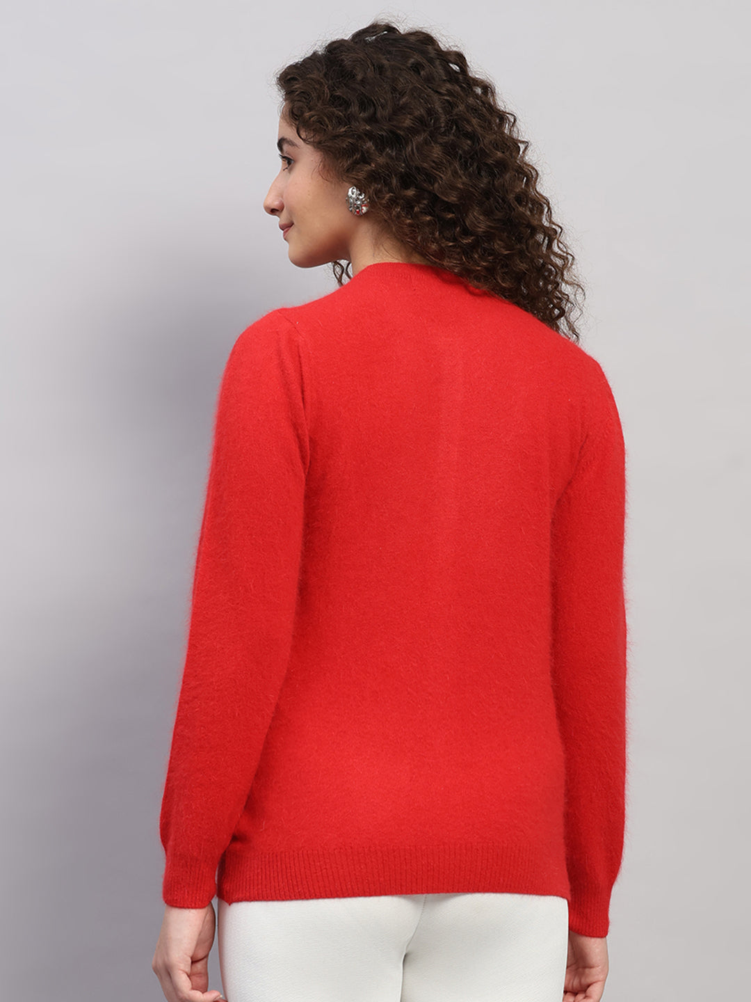 Women Red Solid Round Neck Full Sleeve Cardigan