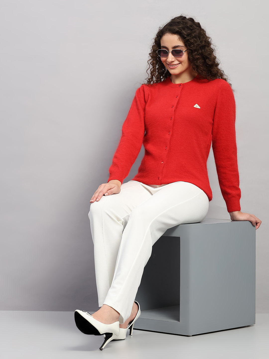 Women Red Solid Round Neck Full Sleeve Cardigan