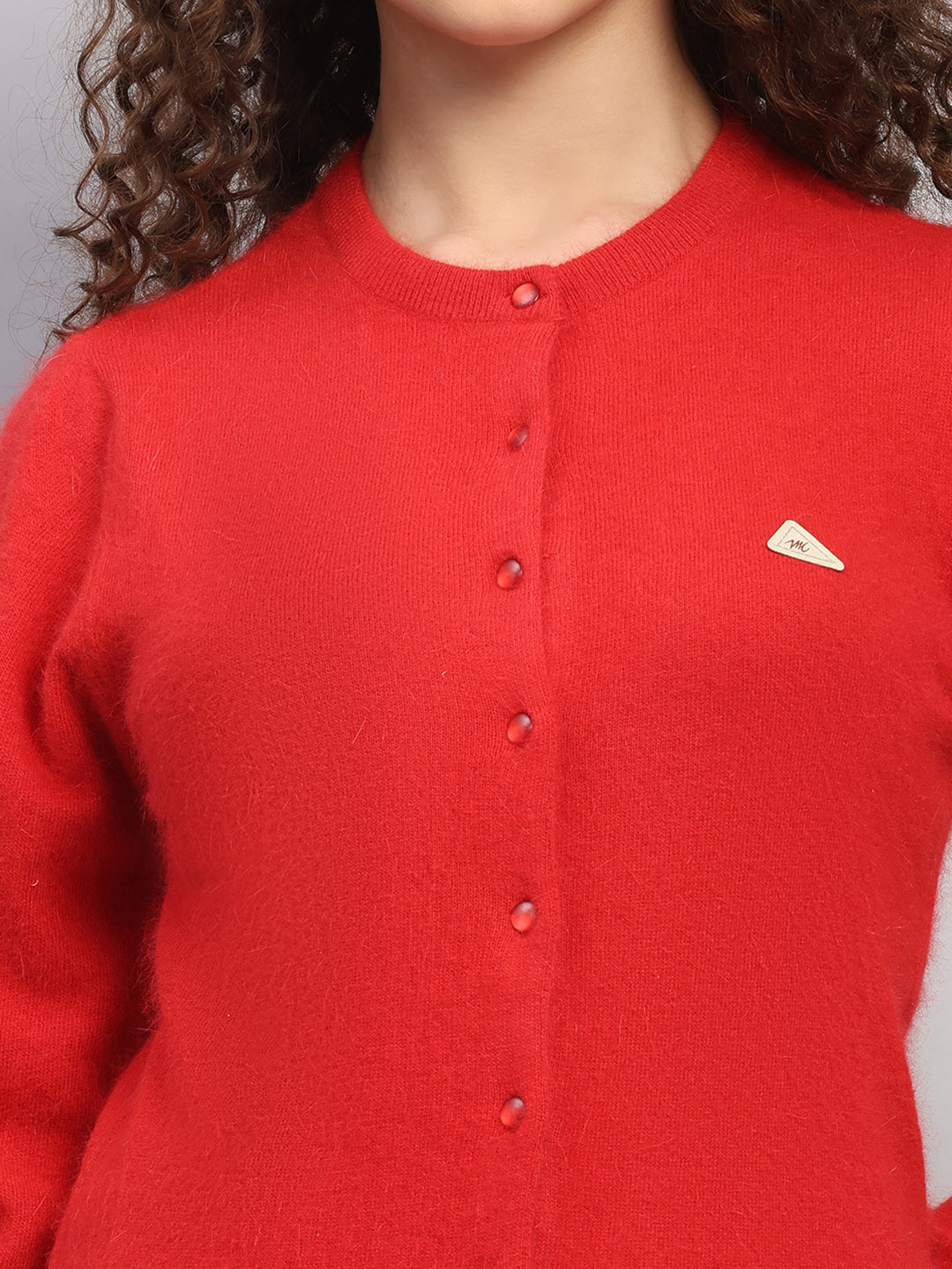 Women Red Solid Round Neck Full Sleeve Cardigan