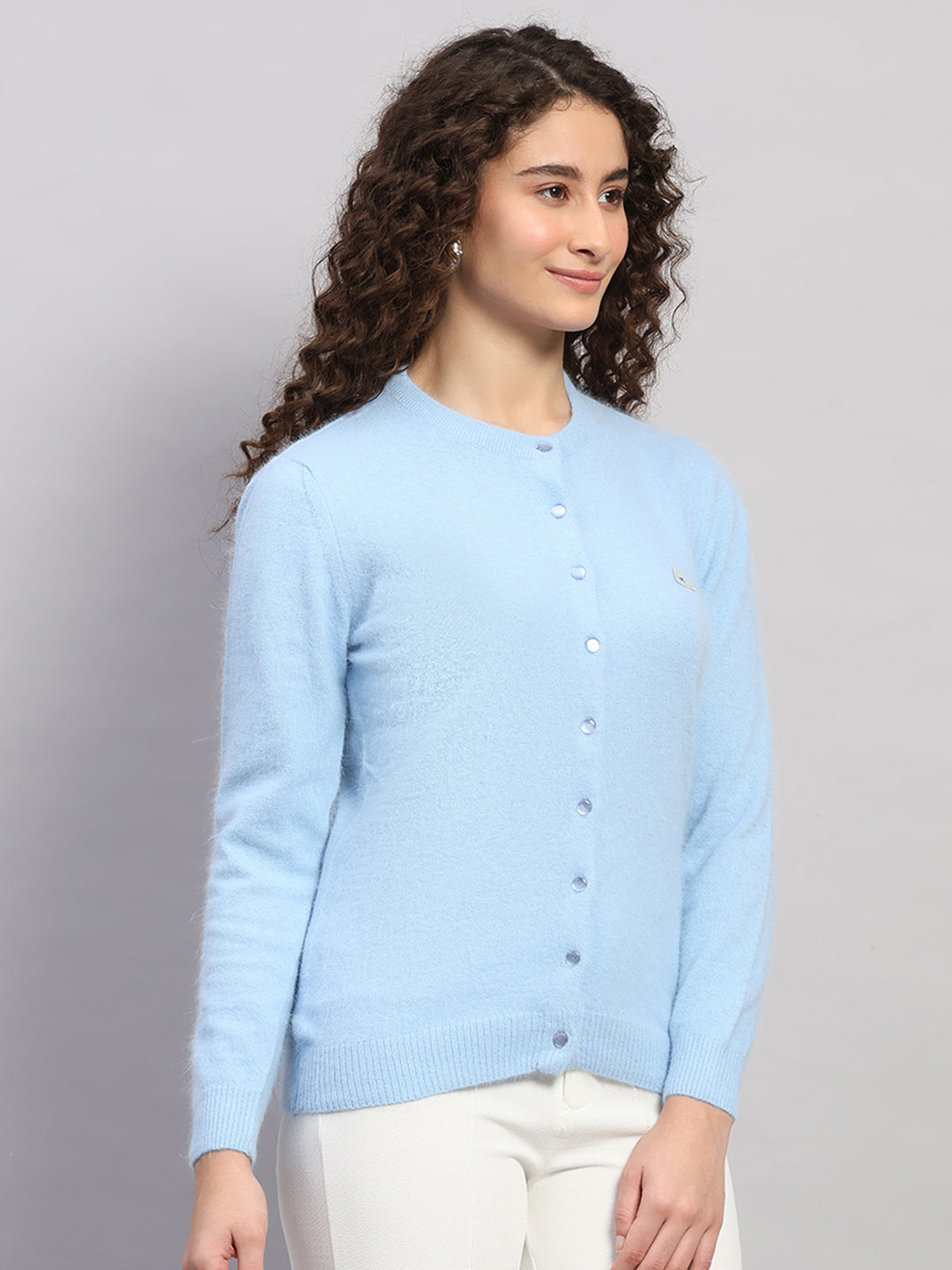 Women Light Blue Solid Round Neck Full Sleeve Cardigan