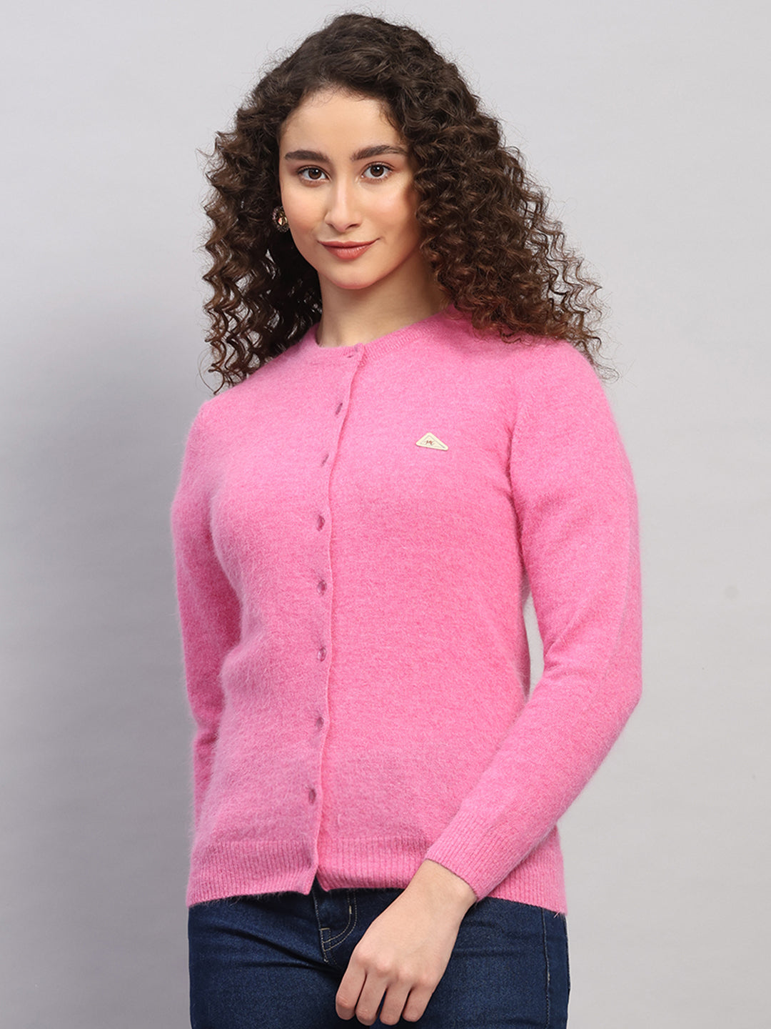 Women Pink Solid Round Neck Full Sleeve Cardigan