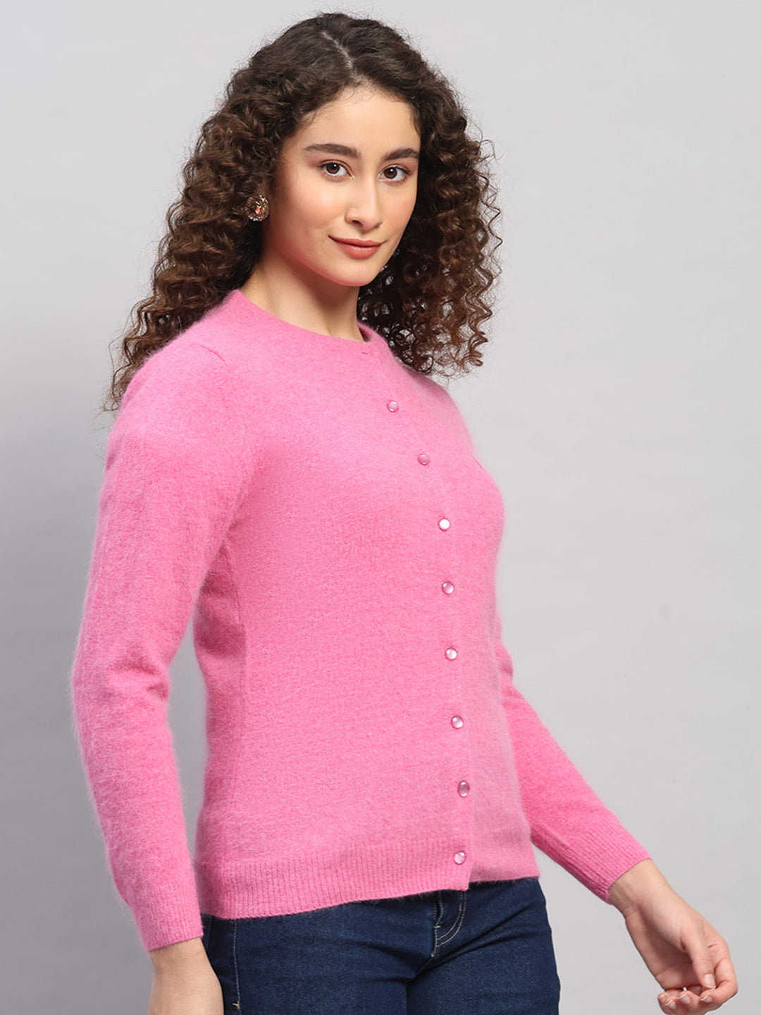 Women Pink Solid Round Neck Full Sleeve Cardigan