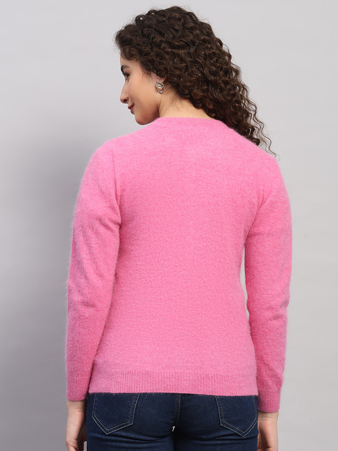 Women Pink Solid Round Neck Full Sleeve Cardigan