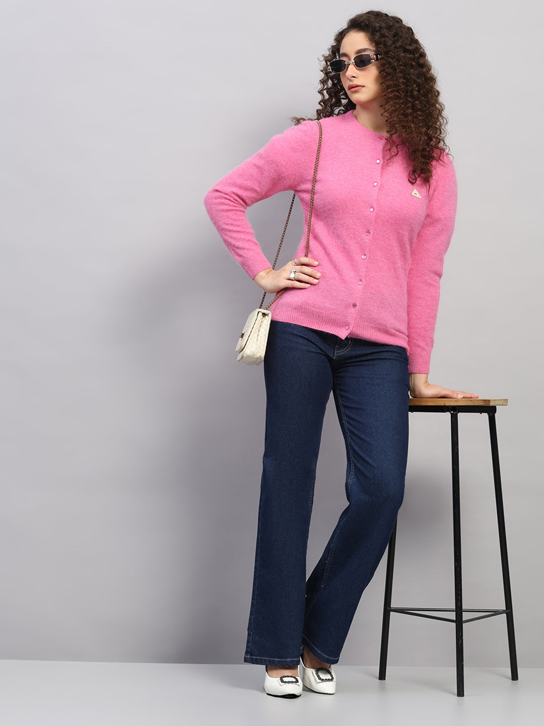 Women Pink Solid Round Neck Full Sleeve Cardigan